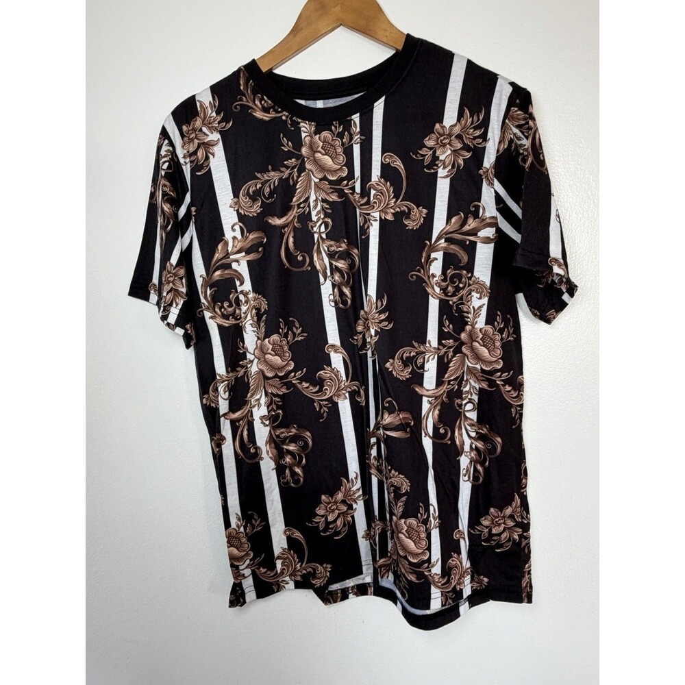 Guess Baroque Floral Striped T-Shirt Black Brown Size Large - Picture 2 of 10